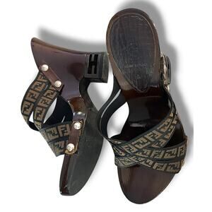 Vintage Fendi Zucca Canvas Wooden Heel Mules Iconic Y2K size 37.  PLEASE READ